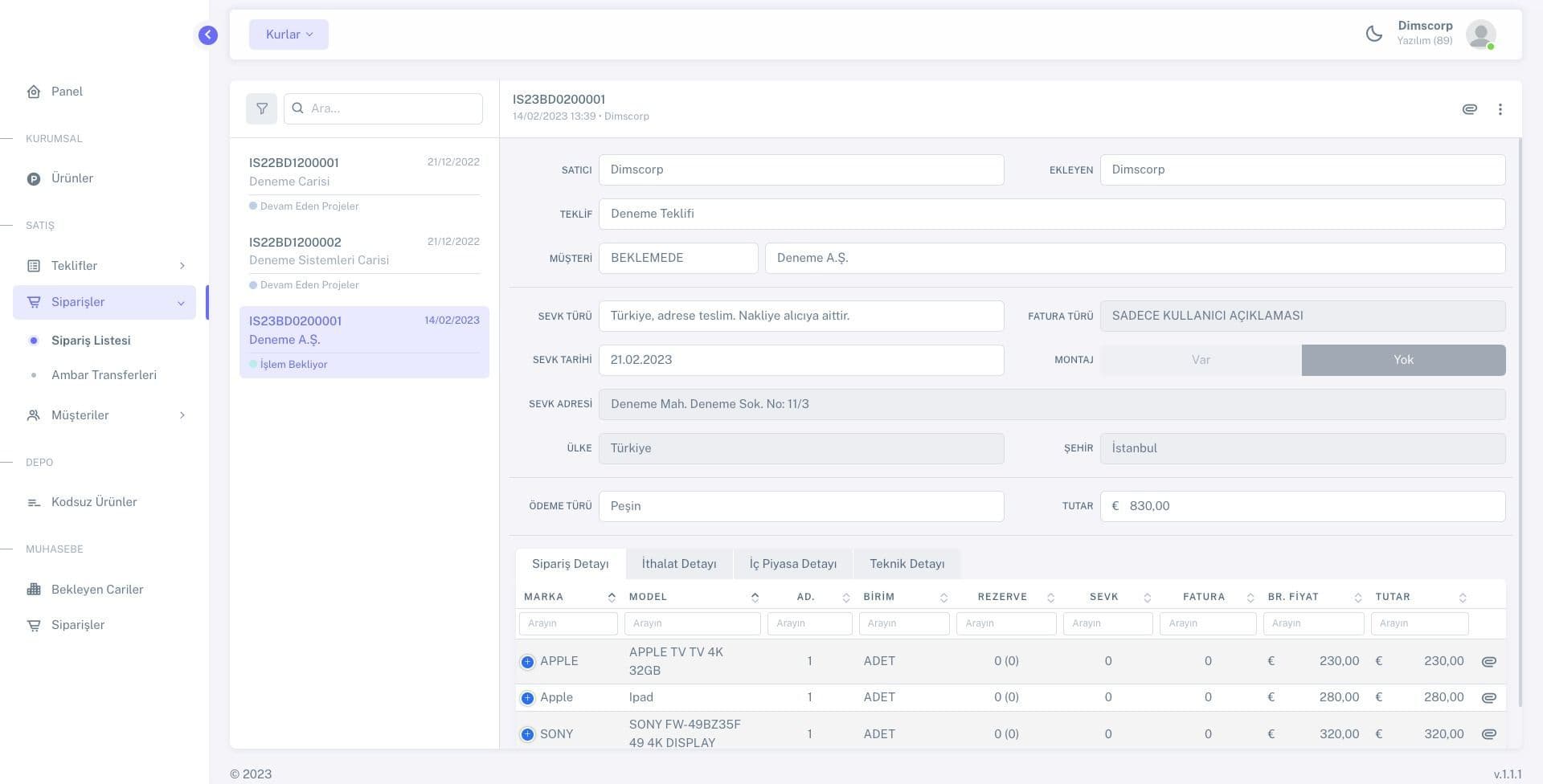 ERP / Sipariş / Düzenleme