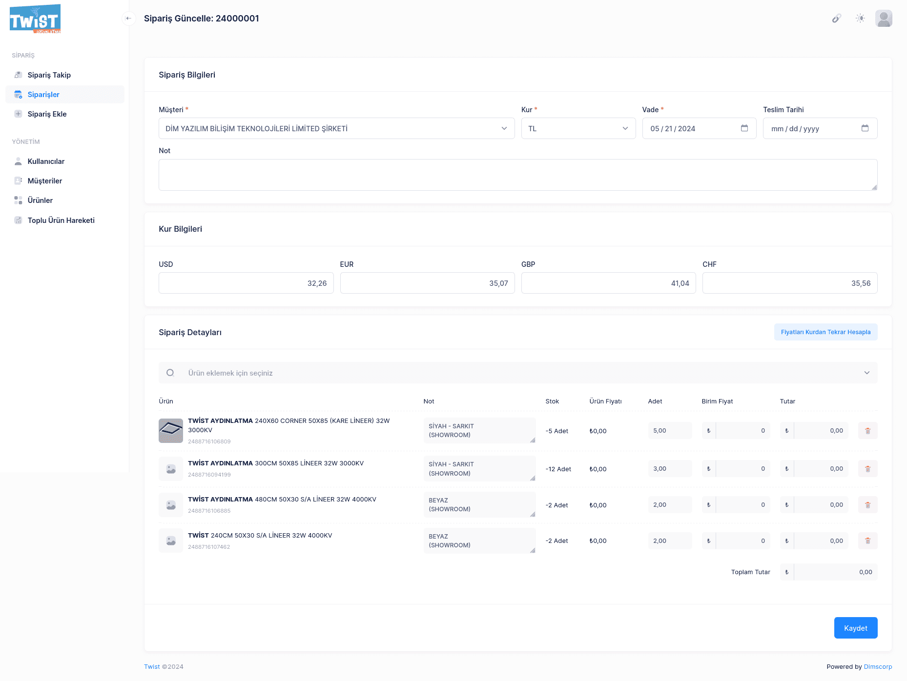 Twist Sipariş Takip / Sipariş Detay